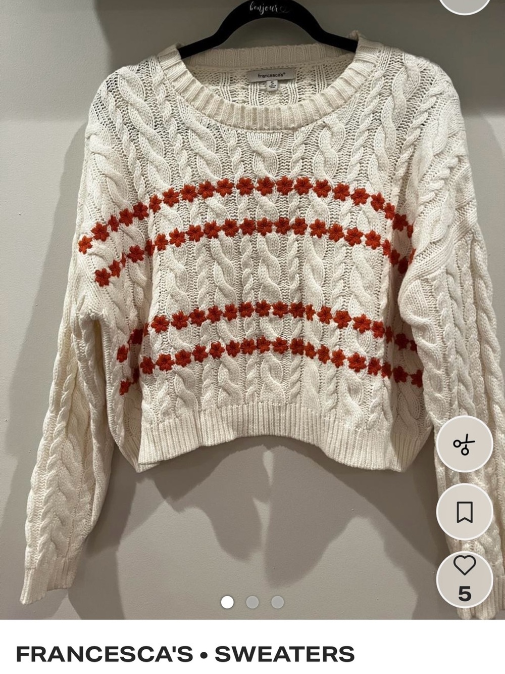 Francesca's Collections Cream Cable-Knit Crewneck with Orange Floral Stripes